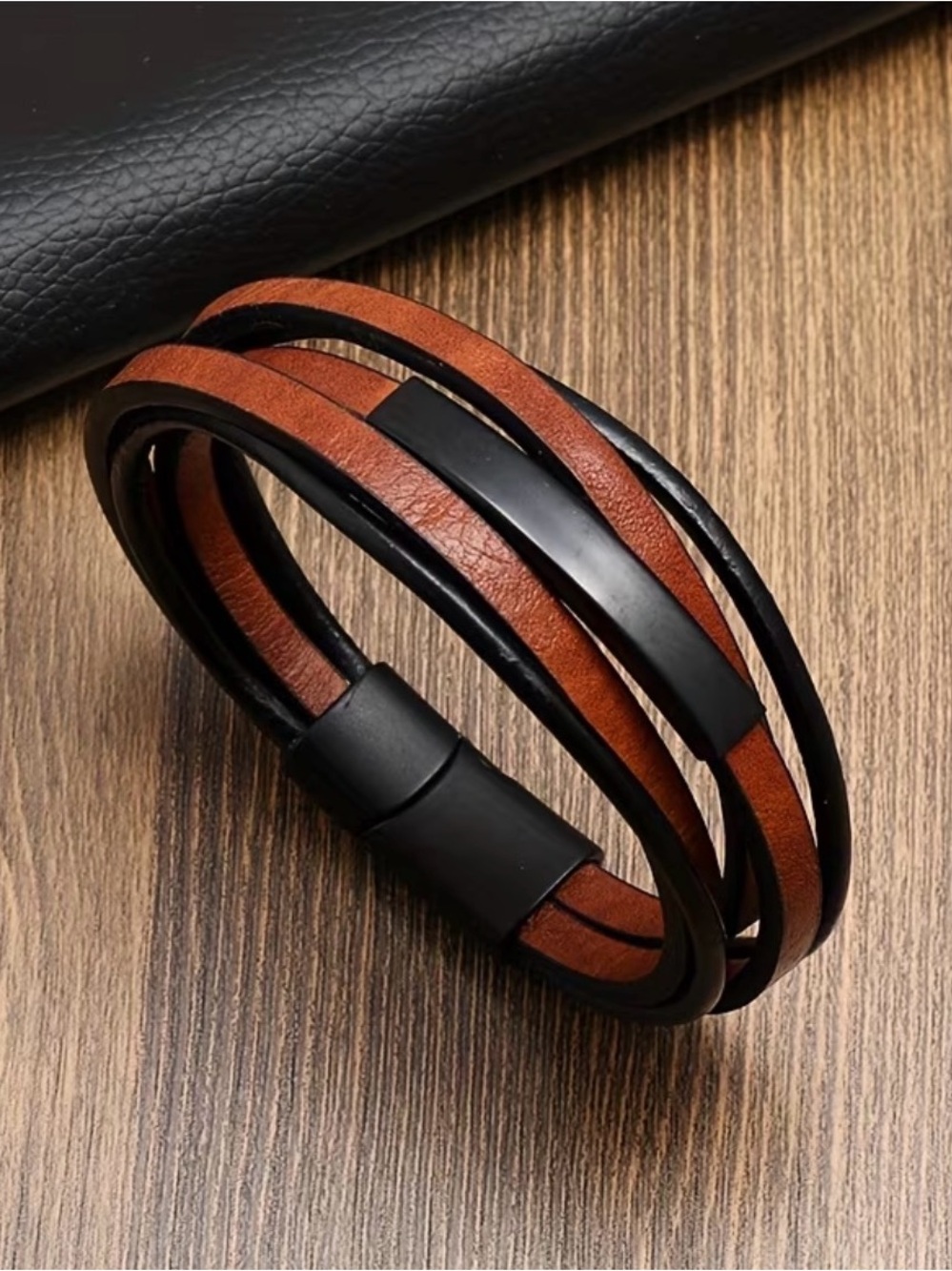 Men's Brown and Black Leather Look Multi-Strand Bracelet